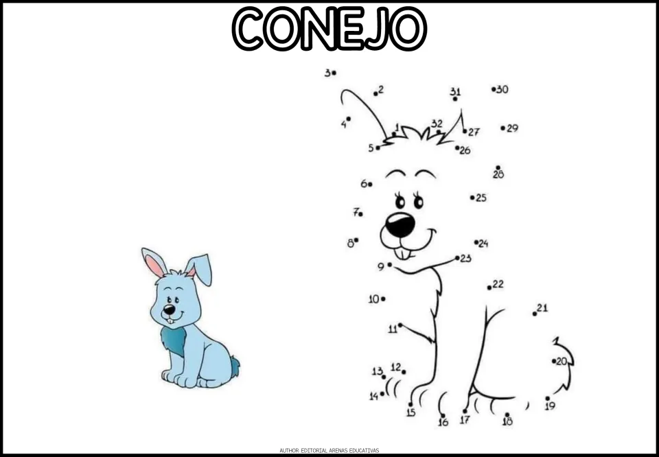 CONEJO dot-to-dot: students join dots 1 to 32 to form a sitting rabbit's ears and body, with a blue bunny as a model