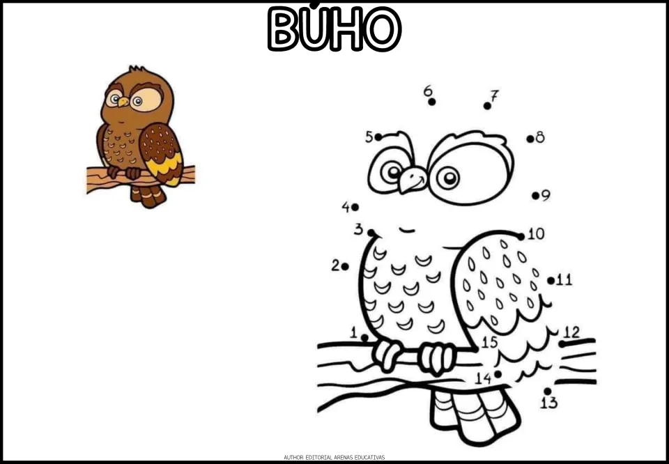 BÚHO dot-to-dot: students connect dots 1 to 15 to finish an owl perched on a branch, beside a brown colored owl