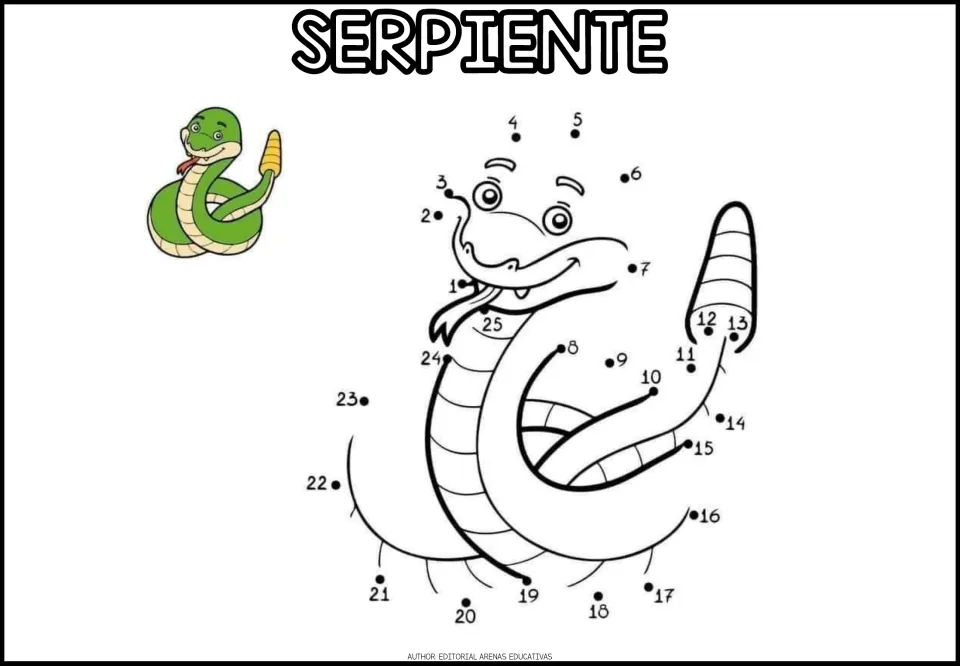 SERPIENTE dot-to-dot: students join numbers 1 to 25 to shape a coiled rattlesnake, with a green snake shown as a guide