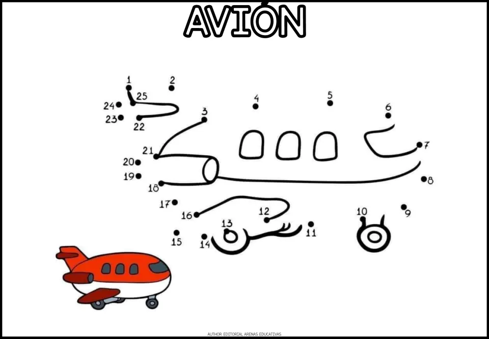 AVIÓN dot-to-dot: students connect dots 1 to 25 to complete an airplane's wings, tail and wheels, beside a red plane
