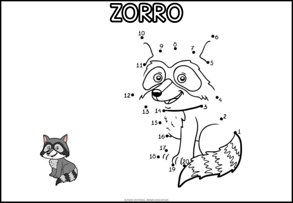 ZORRO dot-to-dot: students join dots 1 to 20 to outline the animal's ears, chest and tail, with a gray colored model