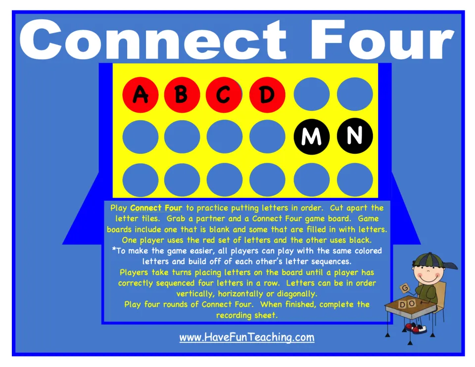 Alphabet-order game cover and directions: take turns placing letters to make four consecutive letters in a row.