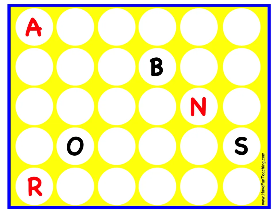 Alphabet-order game board with red A, N, and R and black B, O, and S as starting letters for tile placement.