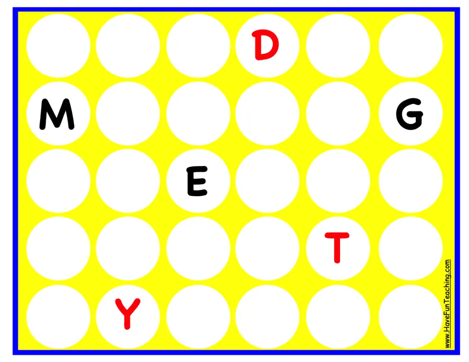 Alphabet-order game board with red D, T, and Y and black M, G, and E as starting letters for tile placement.