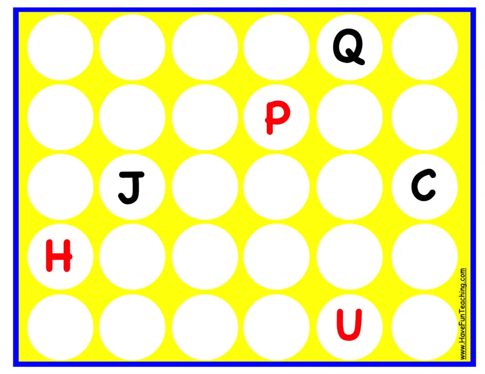 Alphabet-order game board with red P, H, and U and black Q, J, and C as starting letters for tile placement.
