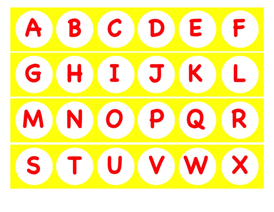 Alphabet-order game tiles: 24 red uppercase letters A–X on white circles, to cut apart for placing on a board.