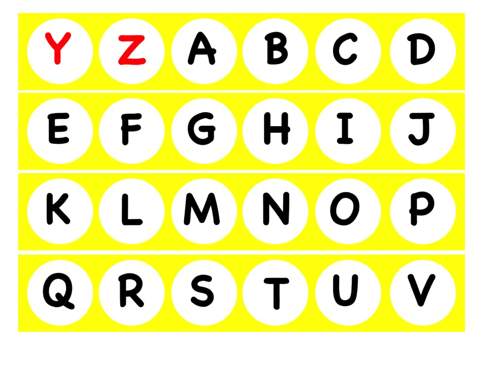 Alphabet-order game tiles: red uppercase Y and Z plus black uppercase A–V, making 24 letters to cut apart.