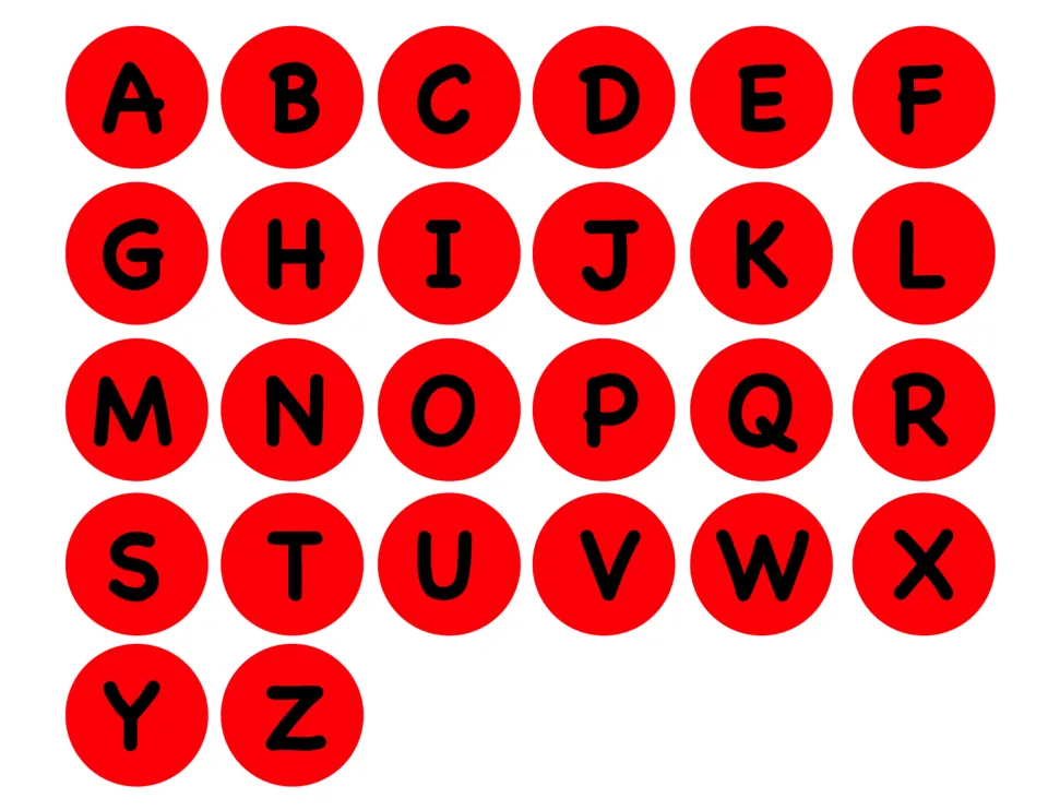 Alphabet-order game tiles: all 26 uppercase letters A–Z in black on red circles for one player's letter set.