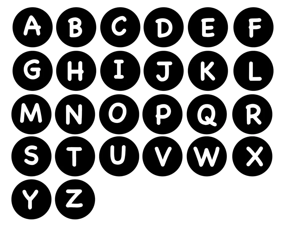 Alphabet-order game tiles: all 26 uppercase letters A–Z in white on black circles for the black letter set.