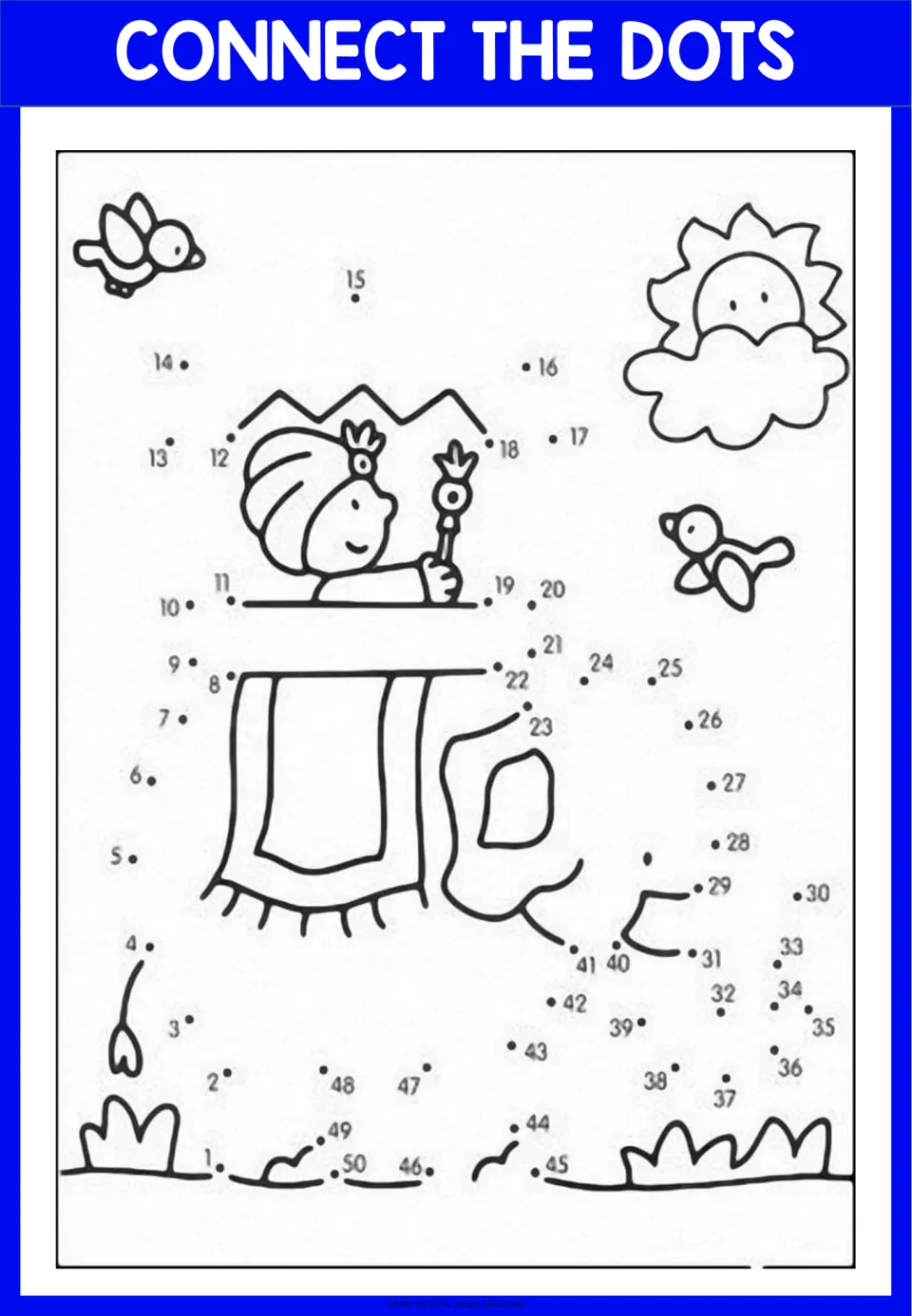 Dot-to-dot 1 to 50: students join numbered dots to finish a scene with a child in a turban, two birds and a sun