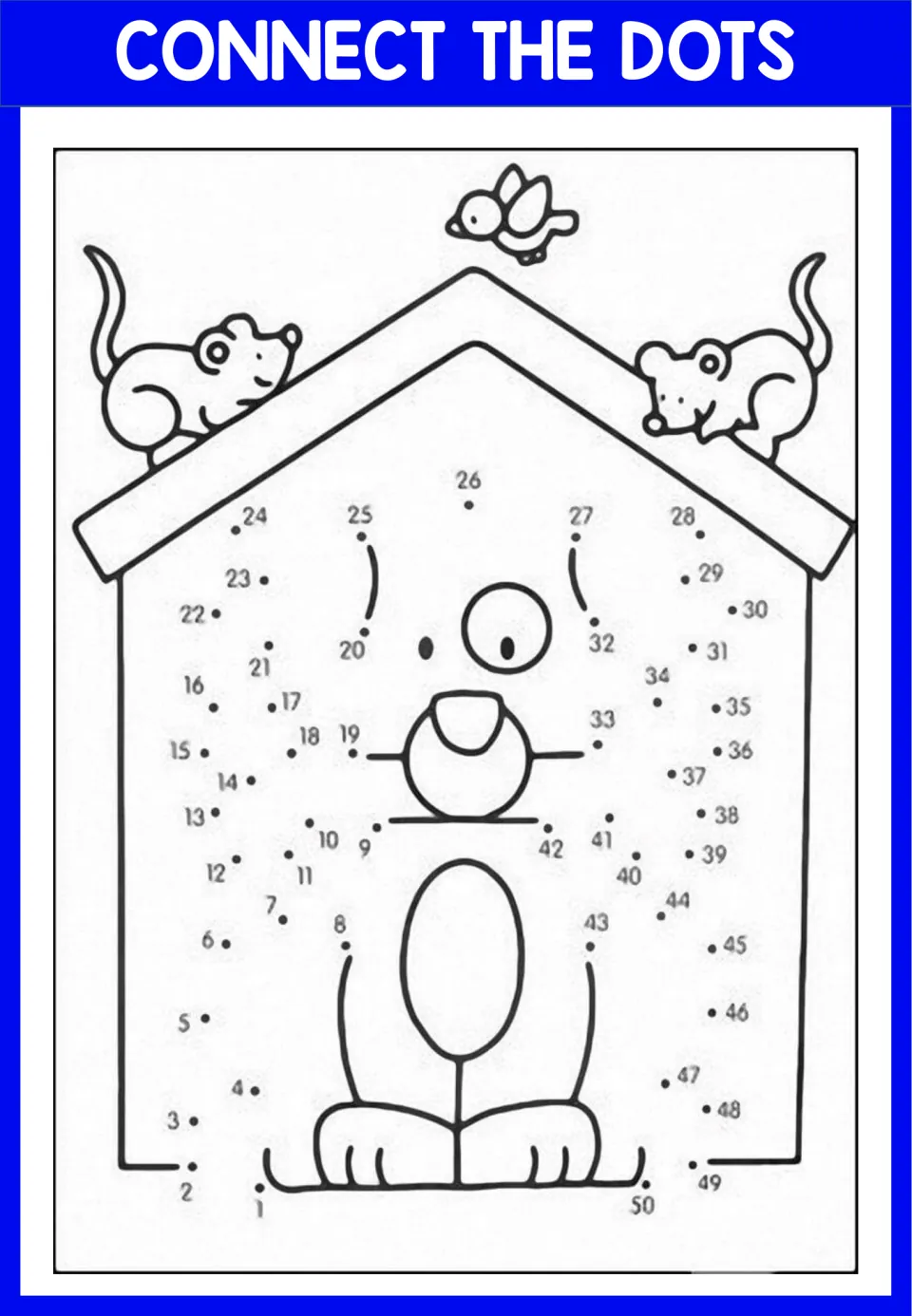 Dot-to-dot 1 to 50: students join numbered dots to finish a figure inside a doghouse with two mice on the roof