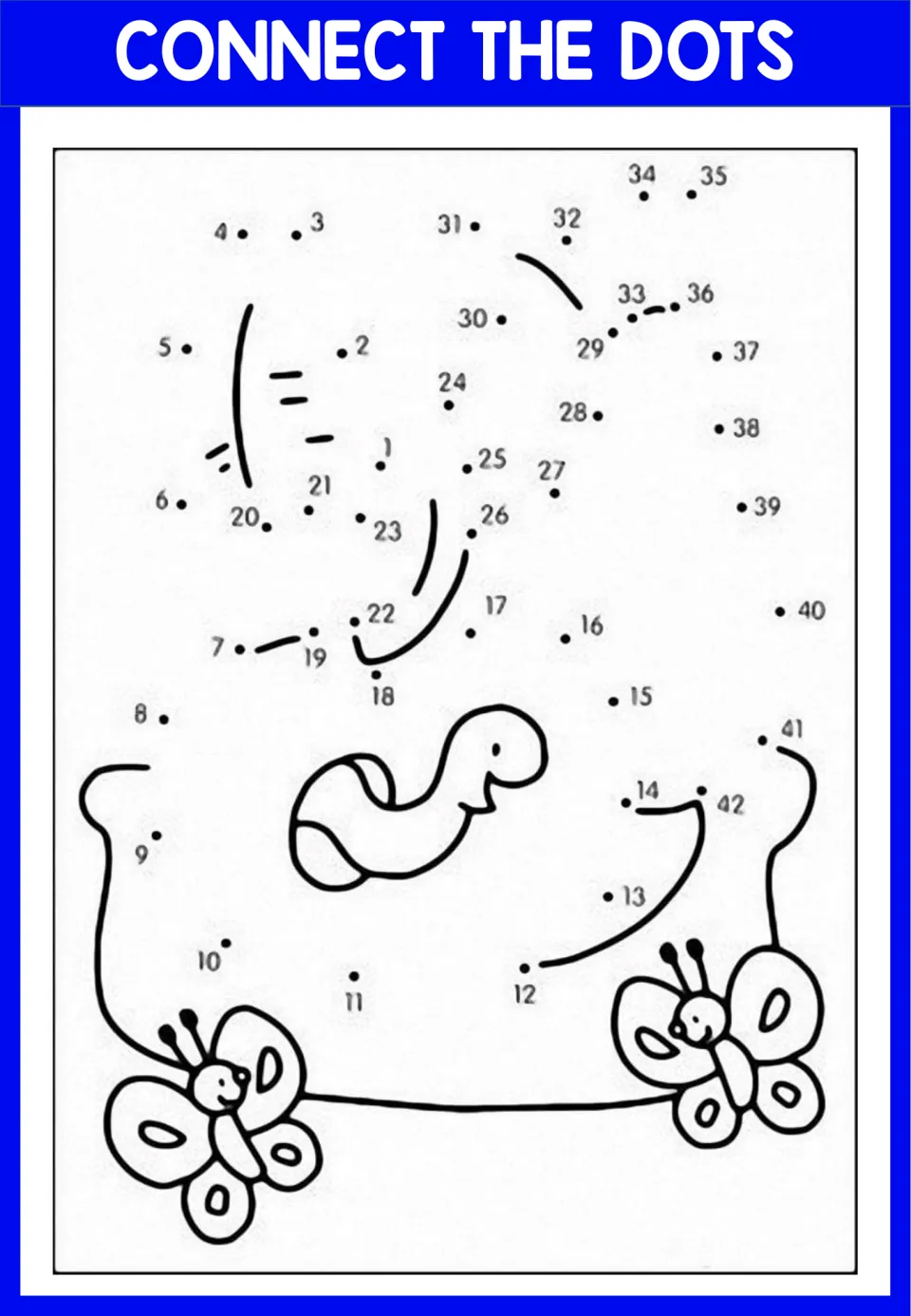 Dot-to-dot 1 to 42: students count on and join dots to complete a drawing beside a worm and two butterflies