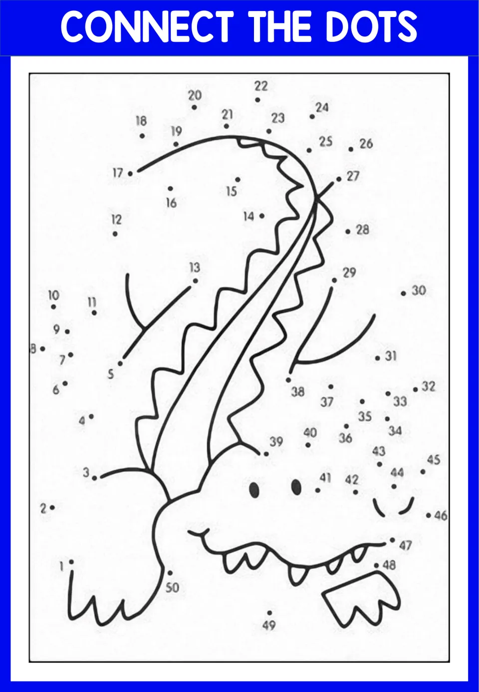 Dot-to-dot 1 to 50: students join numbered dots to finish a spiky-backed creature with a big toothy grin