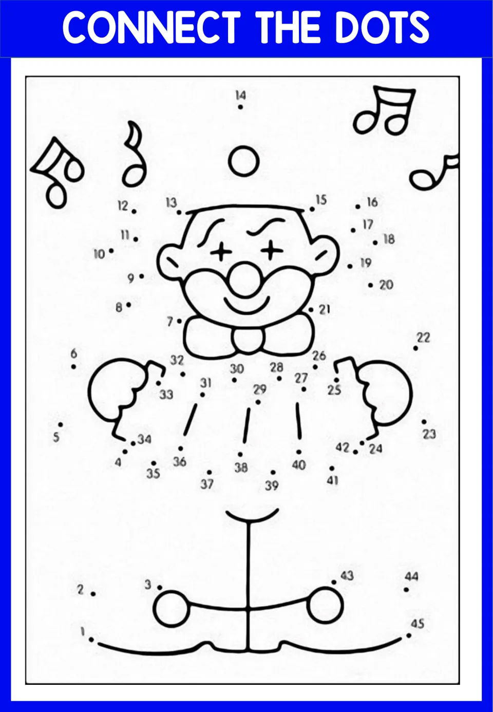 Clown dot-to-dot 1 to 45: students connect numbered dots to complete a clown's body among floating music notes