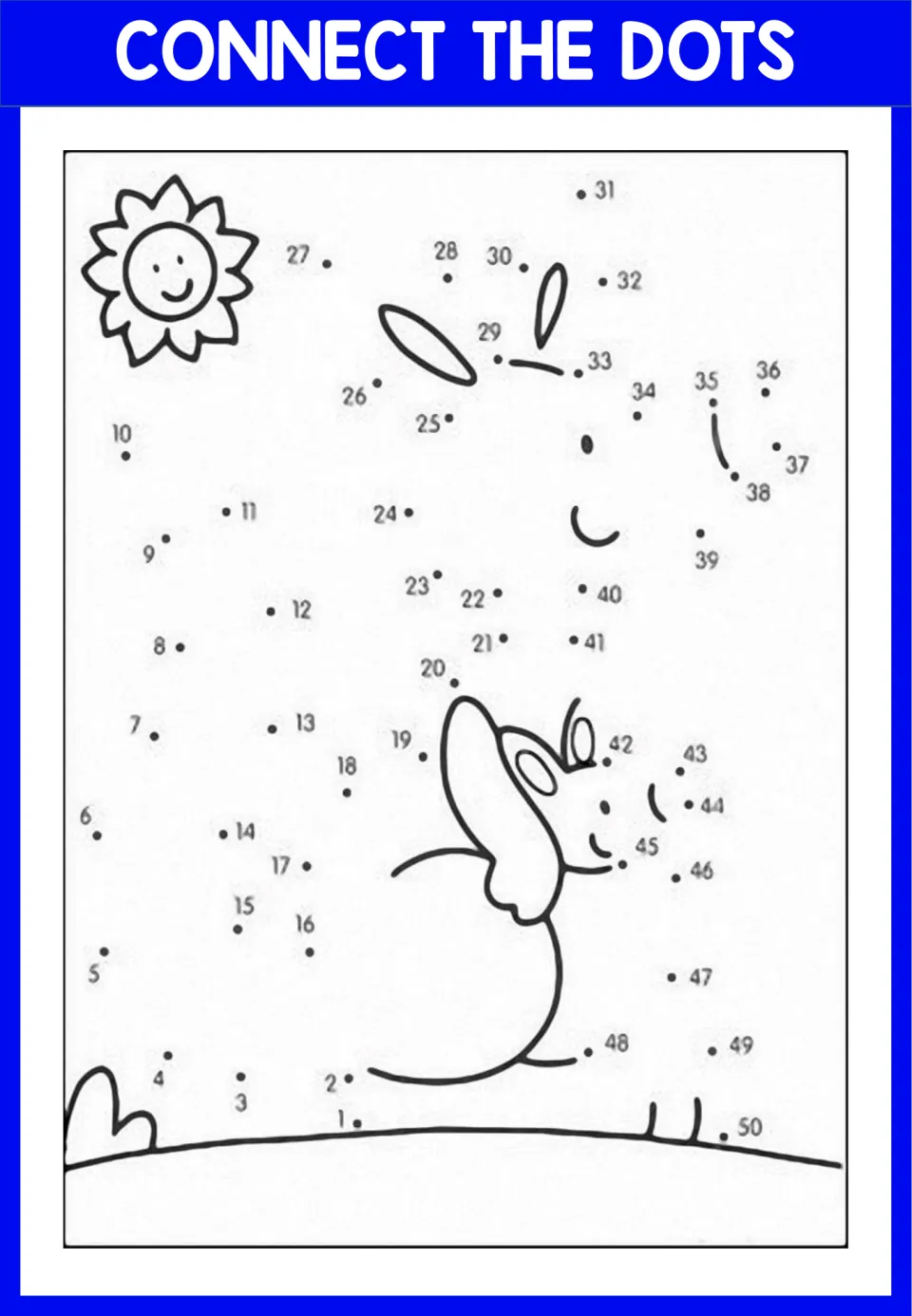 Dot-to-dot 1 to 50: students follow number order to finish an animal on a grassy hill under a smiling sun
