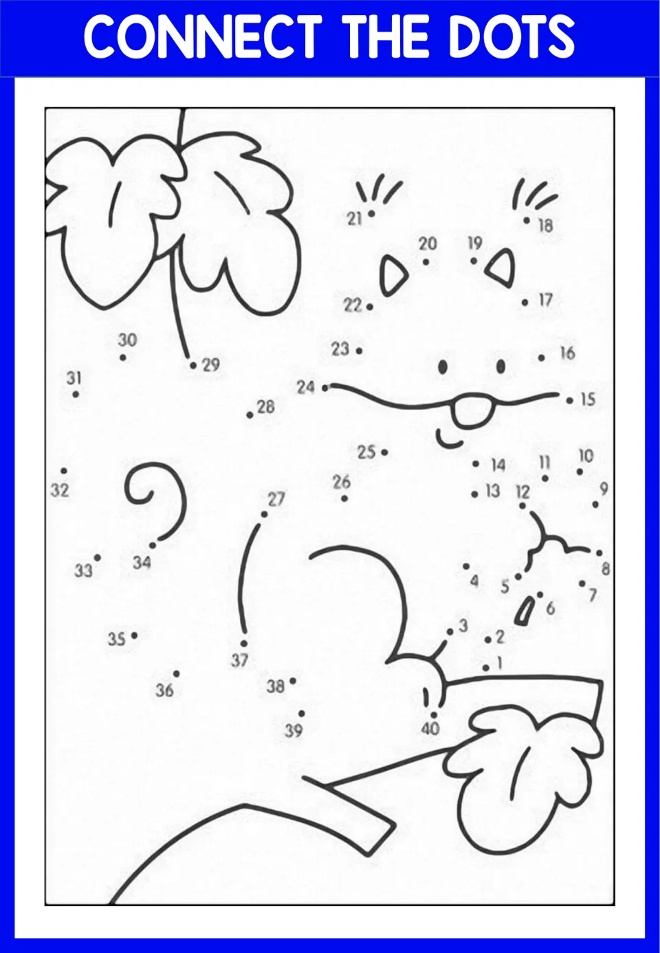 Dot-to-dot 1 to 40: students join numbered dots to complete a whiskered animal face below large leaves