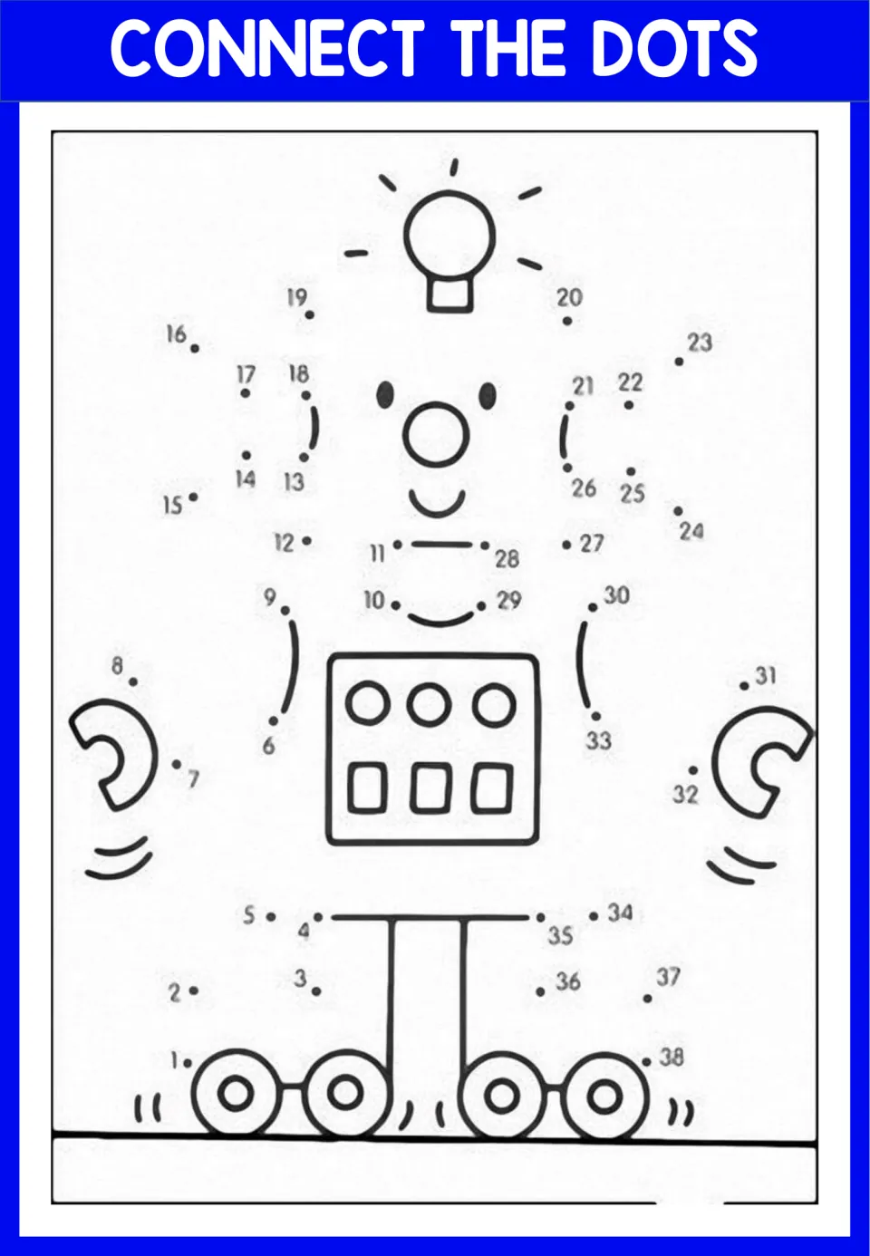 Robot dot-to-dot 1 to 38: students join dots to build a robot with a light bulb, control panel and wheels