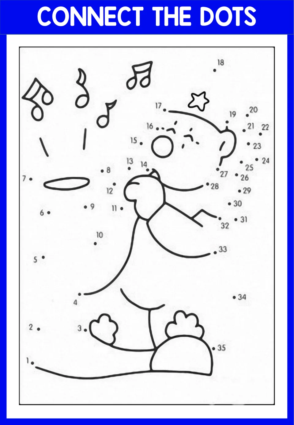 Dot-to-dot 1 to 35: students join numbered dots to finish a character with a star and music notes overhead