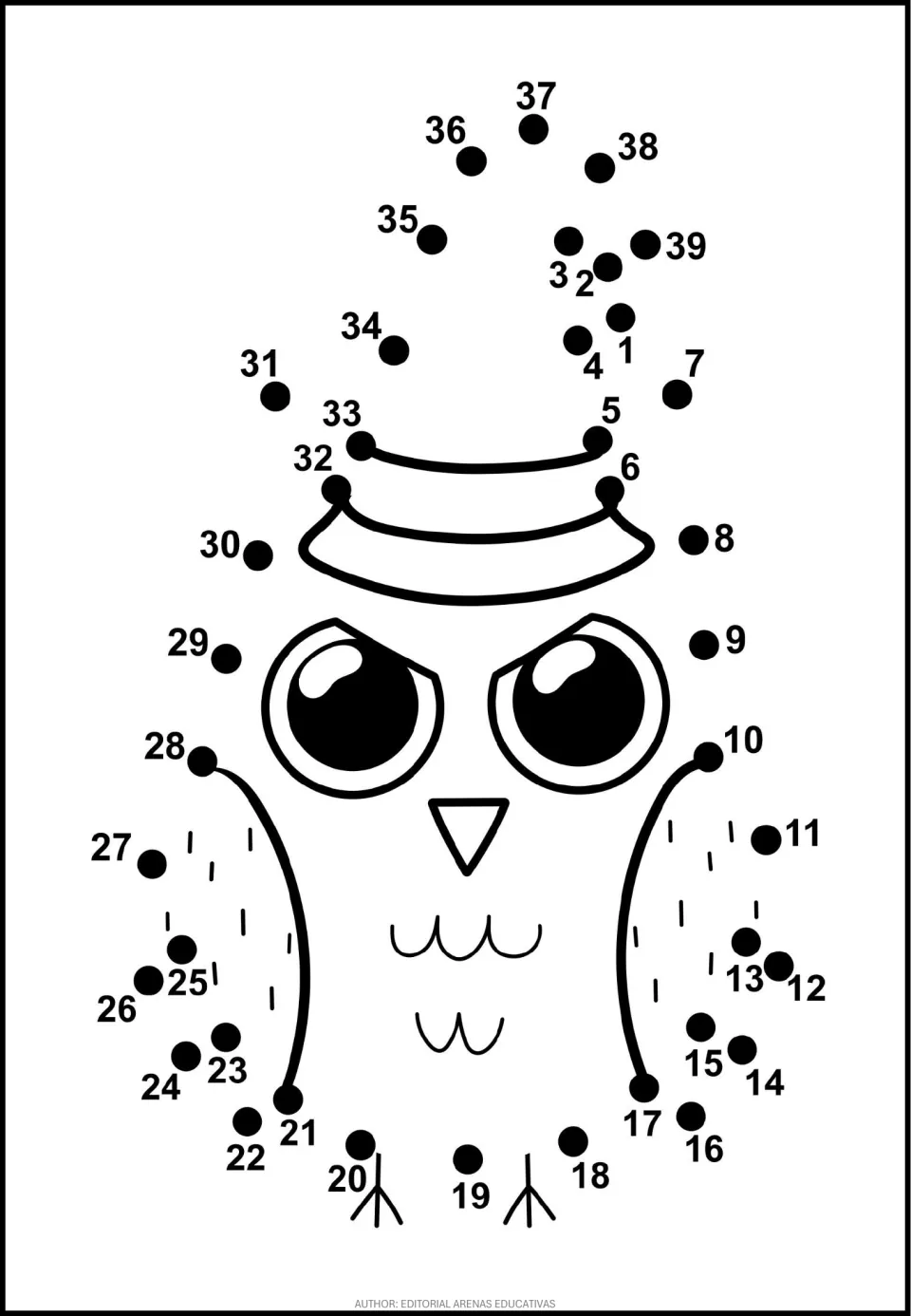 Owl in a top hat dot-to-dot: students join dots 1 to 39 in number order to complete the hat and the owl's outline