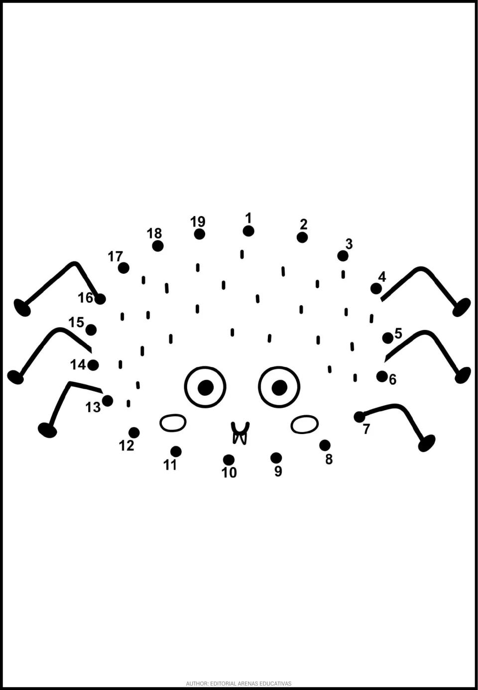 Fuzzy spider dot-to-dot: students connect dots 1 to 19 in order to close the round body between its six bent legs