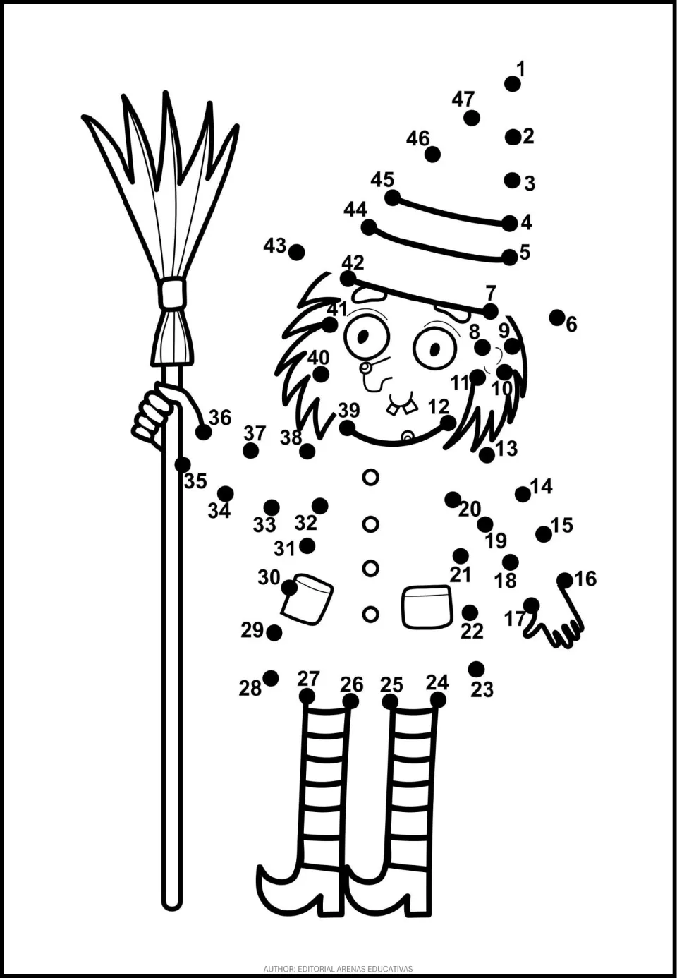 Witch holding a broom dot-to-dot: students join dots 1 to 47 in order to draw her pointed hat, arms and dress