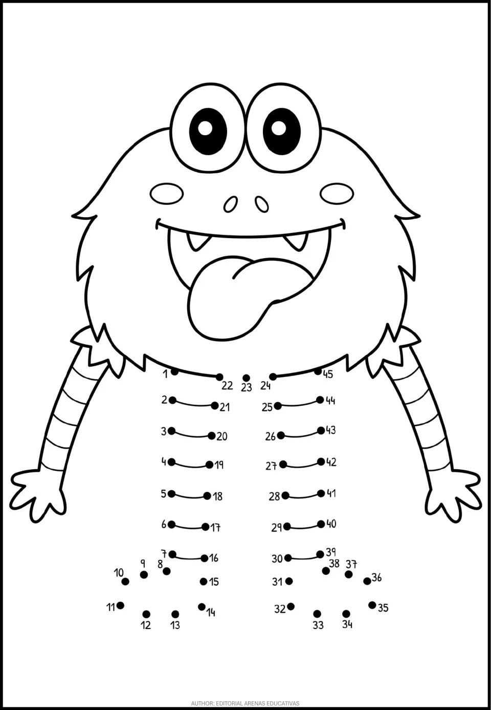 Monster with its tongue out: students join dots 1 to 45 in order to draw the legs and feet below its furry body