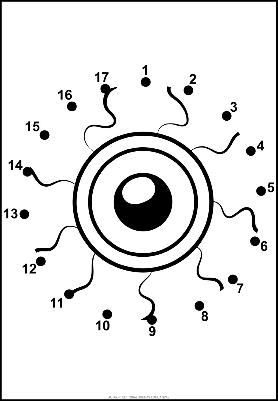 One-eyed creature dot-to-dot: students connect dots 1 to 17 around a large eye to join its wavy tentacles together