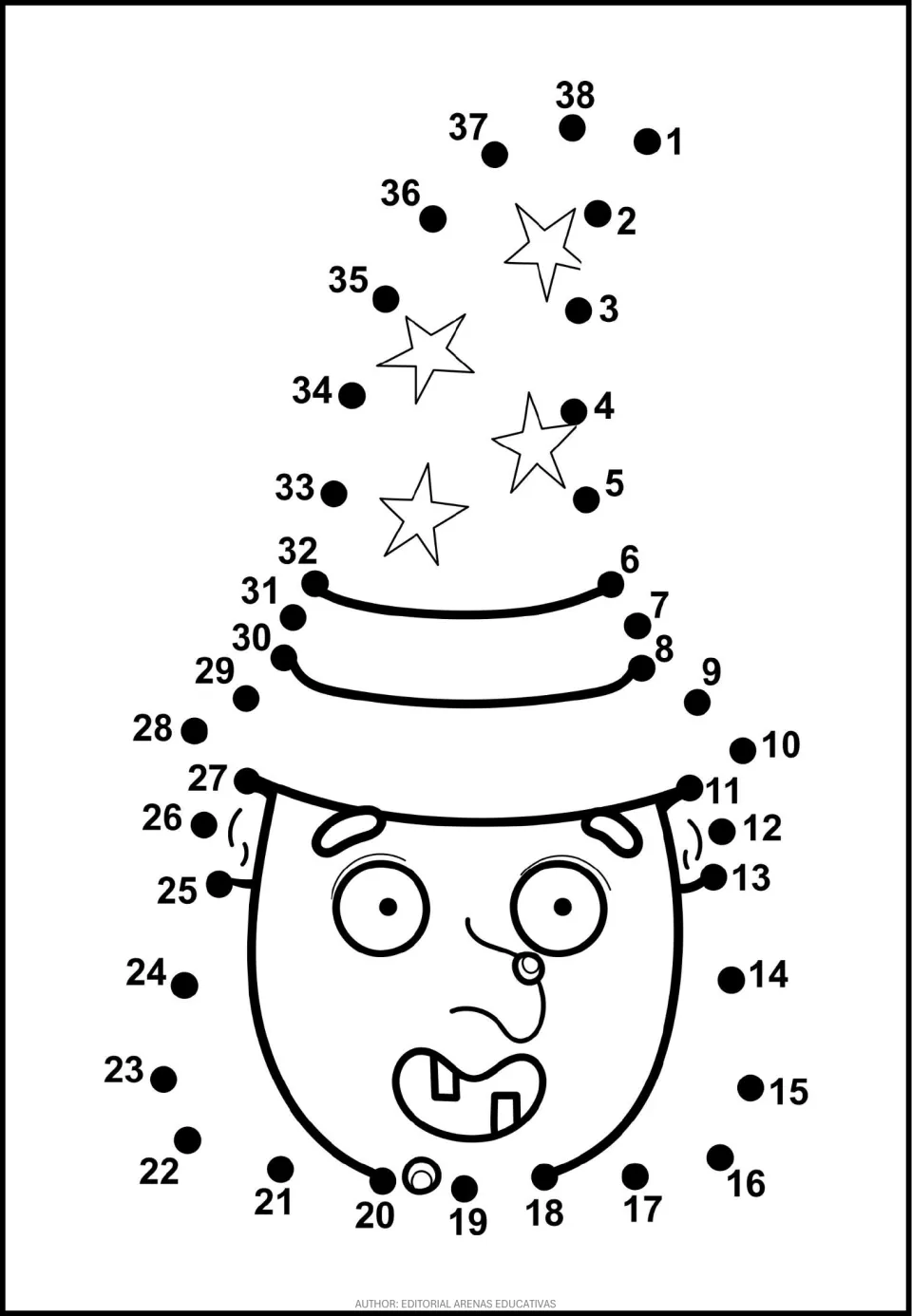 Wizard face dot-to-dot: students join dots 1 to 38 in order to draw a tall starry hat and a round, surprised face