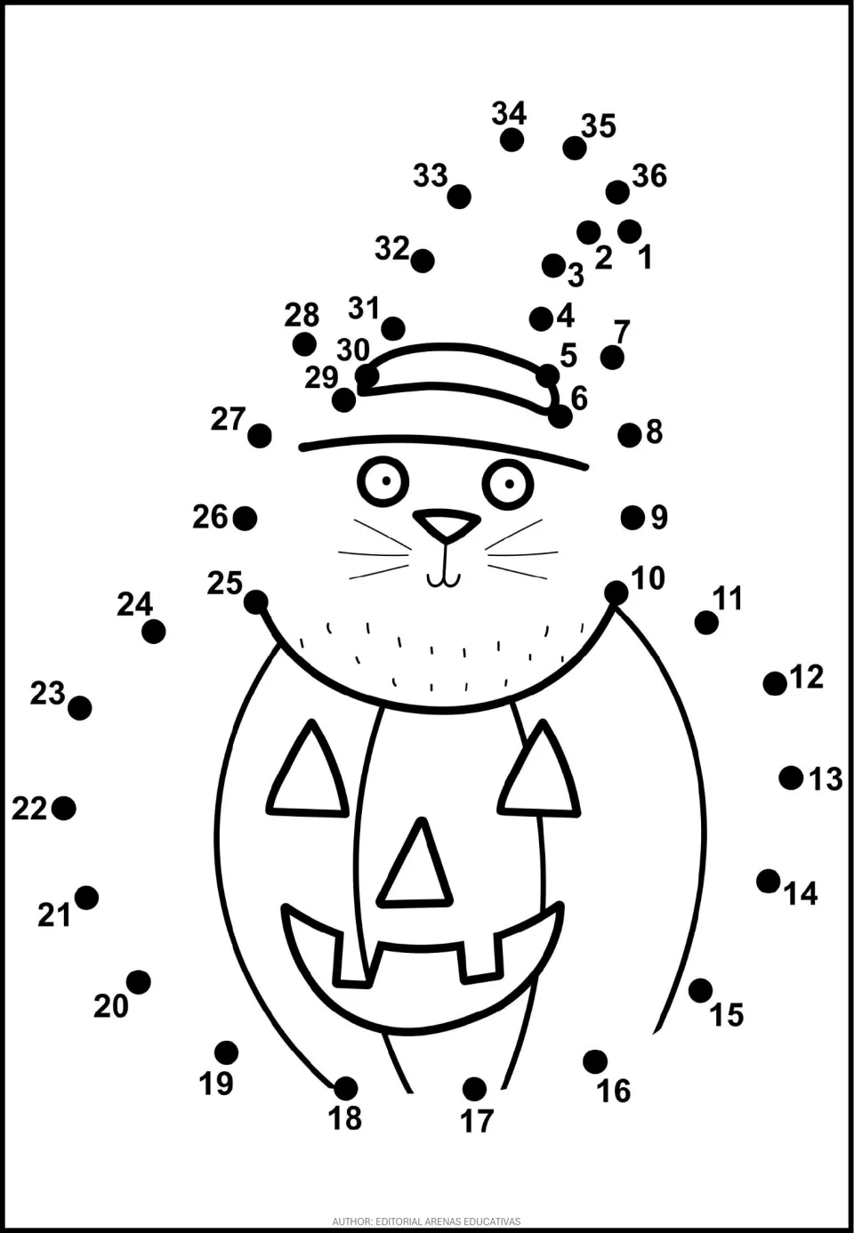 Cat in a pumpkin costume: students connect dots 1 to 36 in number order to outline its pointed hat and round body
