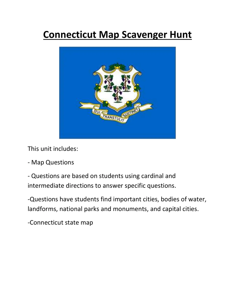 Cover of the Connecticut map activity, introducing direction questions and the included state map.
