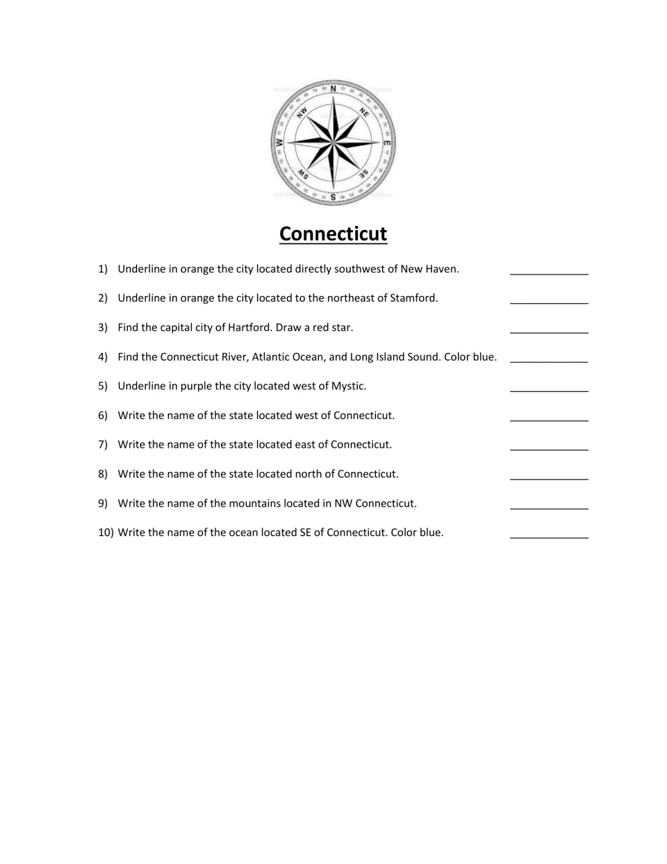 Connecticut scavenger hunt: 10 questions locating cities, neighboring states, mountains, and bodies of water.
