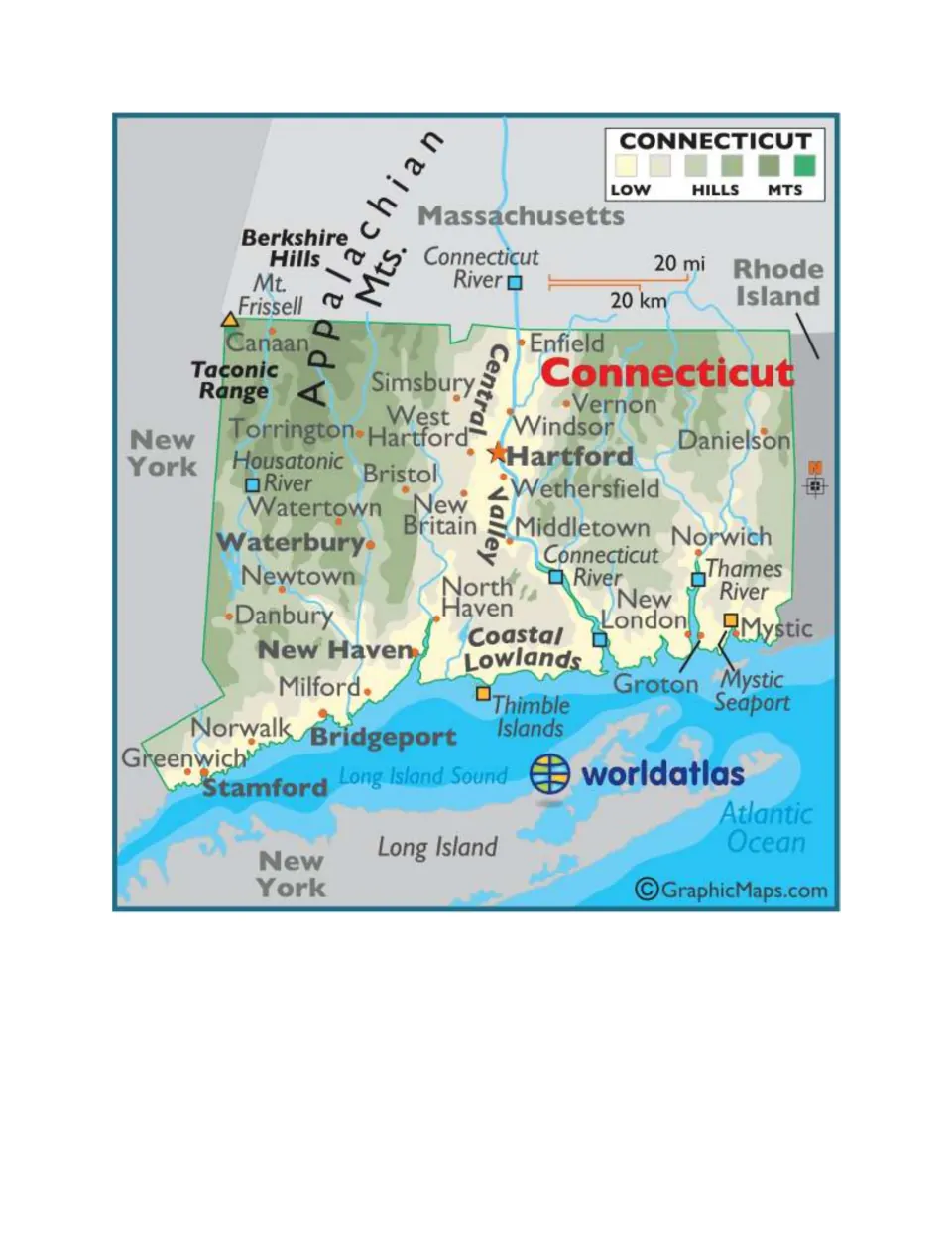 Reference map for the scavenger hunt labels Connecticut cities, rivers, mountains, and neighboring states.