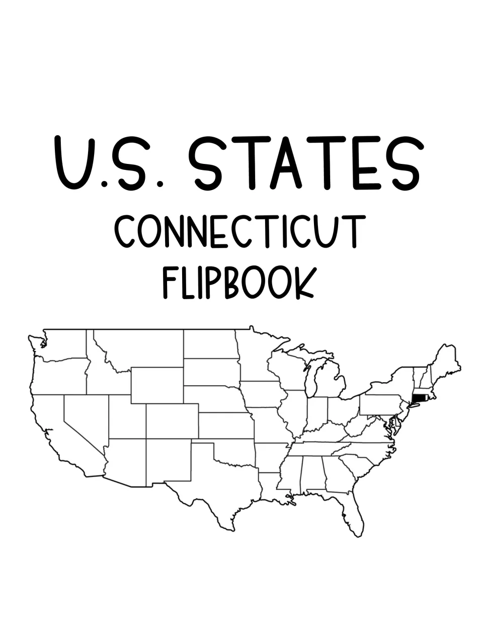 U.S. States Connecticut Flipbook cover with a map of the United States and Connecticut shaded in black