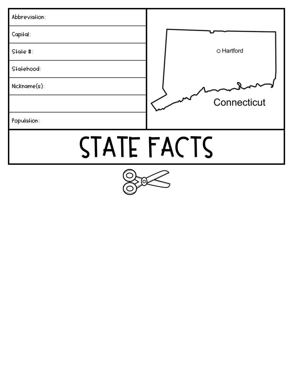 State facts flap: students record Connecticut's abbreviation, capital, state number, statehood, nicknames and population