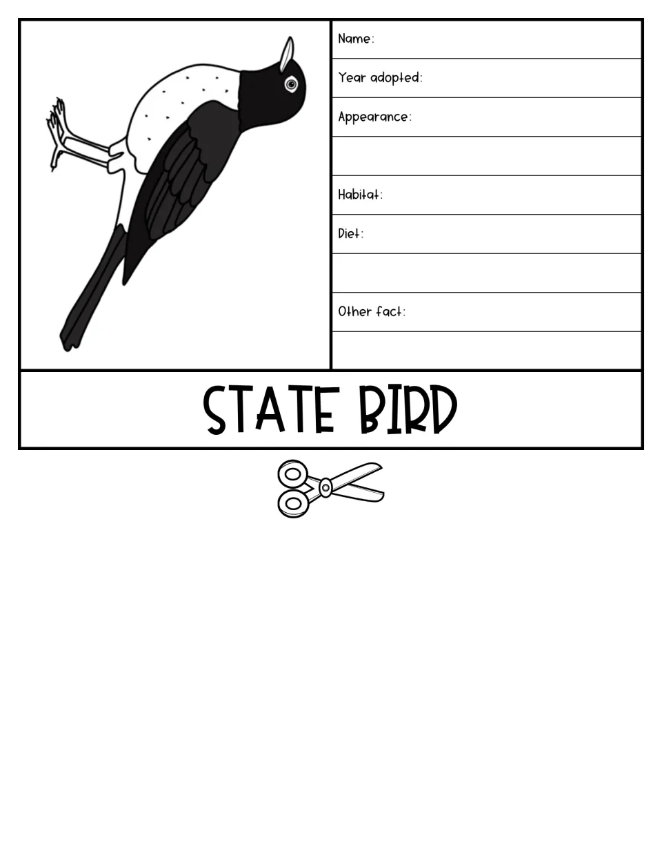 State bird flap with a bird drawing; students write its name, year adopted, appearance, habitat, diet and another fact