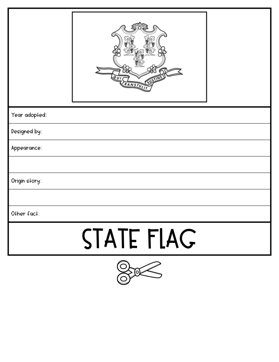 State flag flap showing the shield and Qui Transtulit Sustinet banner; students note year adopted, designer and origin story