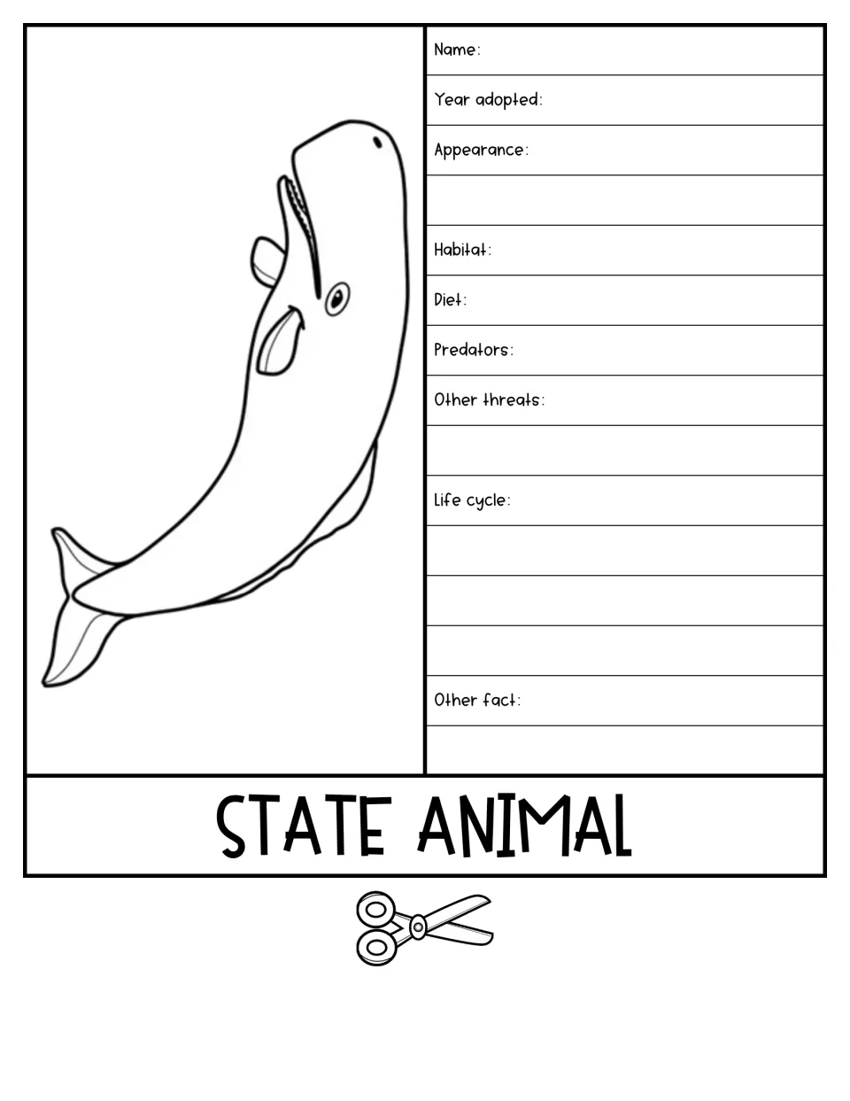 State animal flap with a whale drawing; students record name, habitat, diet, predators, other threats, life cycle and a fact
