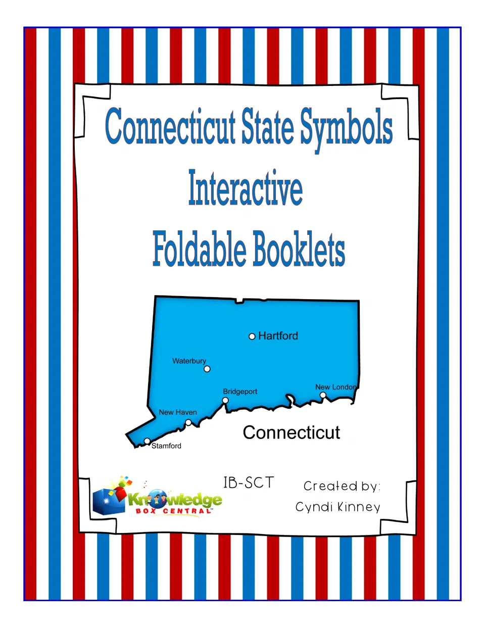 Cover for Connecticut state symbols foldable booklets, showing a state map marking Hartford, Stamford and New Haven
