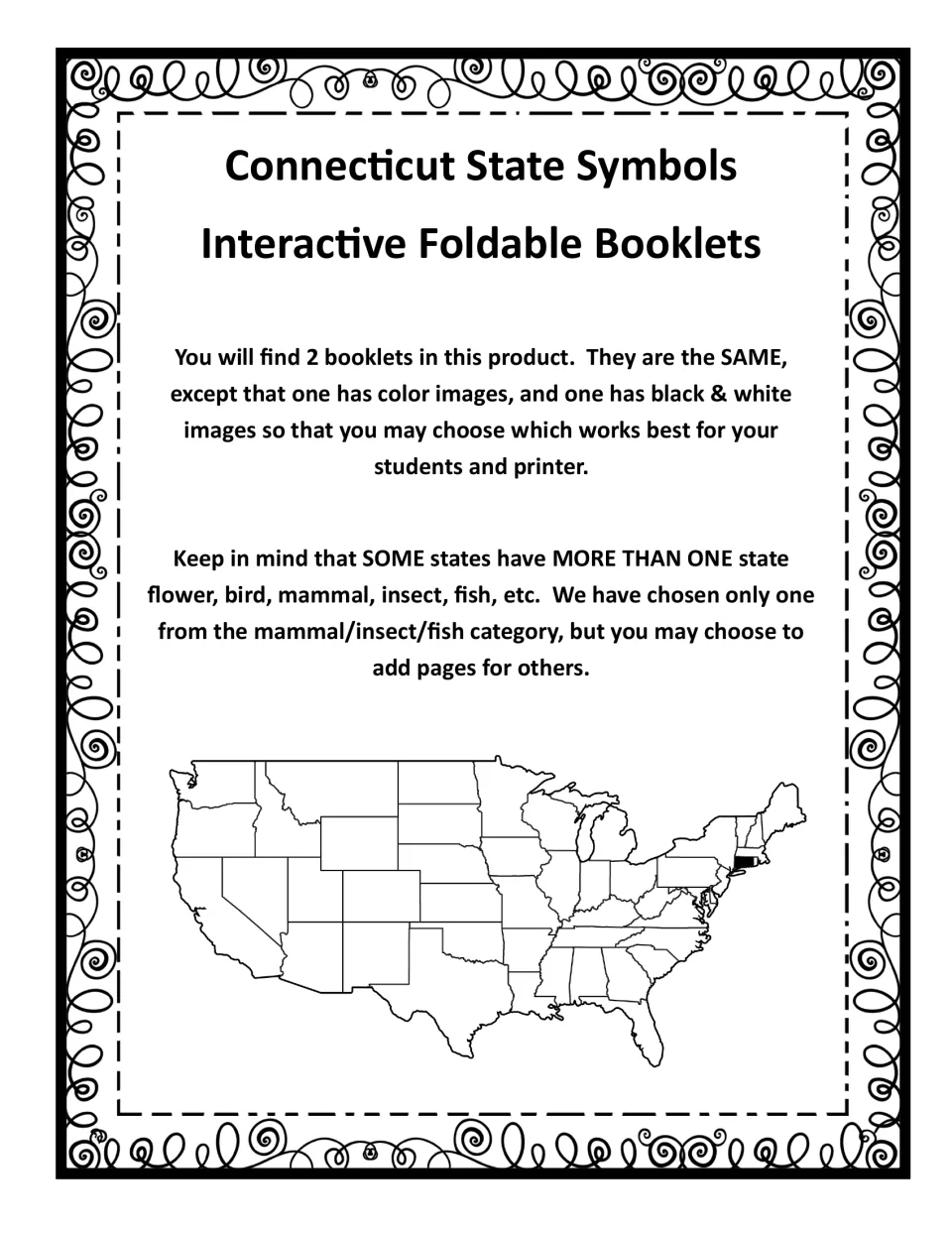 Teacher note: two identical booklets, one in color and one in black and white, with a US map shading Connecticut