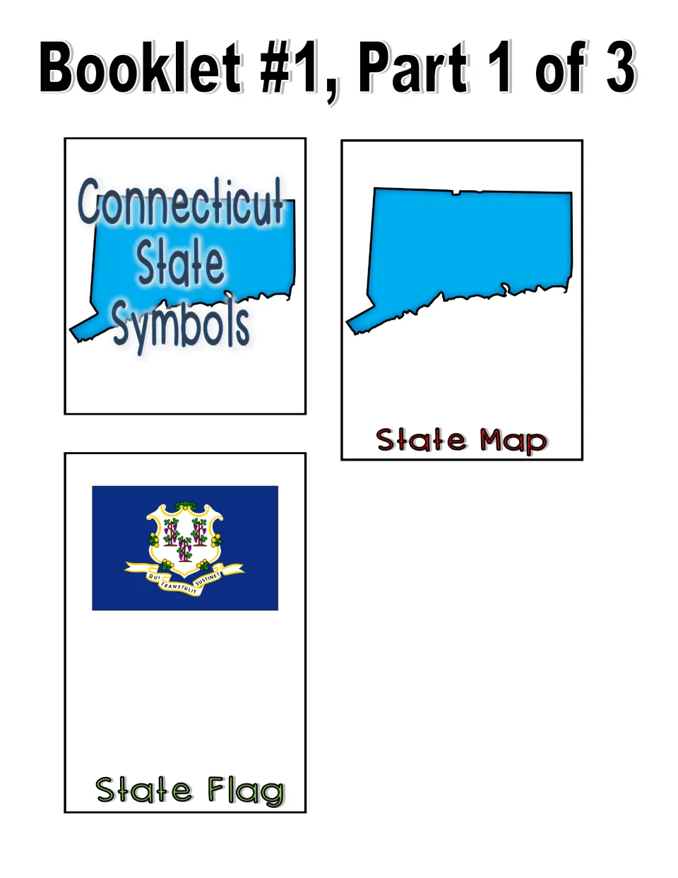 Color booklet part 1 of 3: cut-out title page, blank state outline to mark the capital and cities, and flag page
