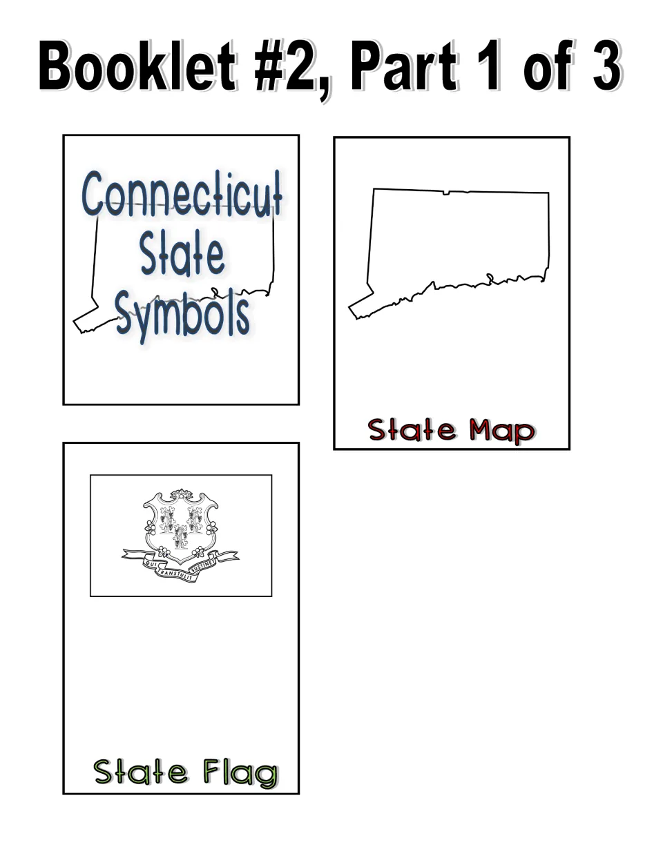 Black-and-white booklet part 1 of 3: outline title page, empty state map to label cities, and flag page to color in