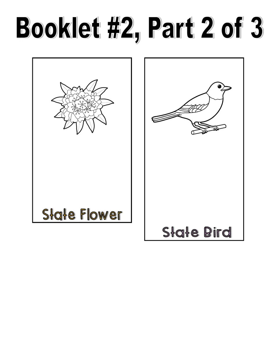 Black-and-white booklet part 2 of 3: line-art flower and bird pages where students write the state flower and bird names