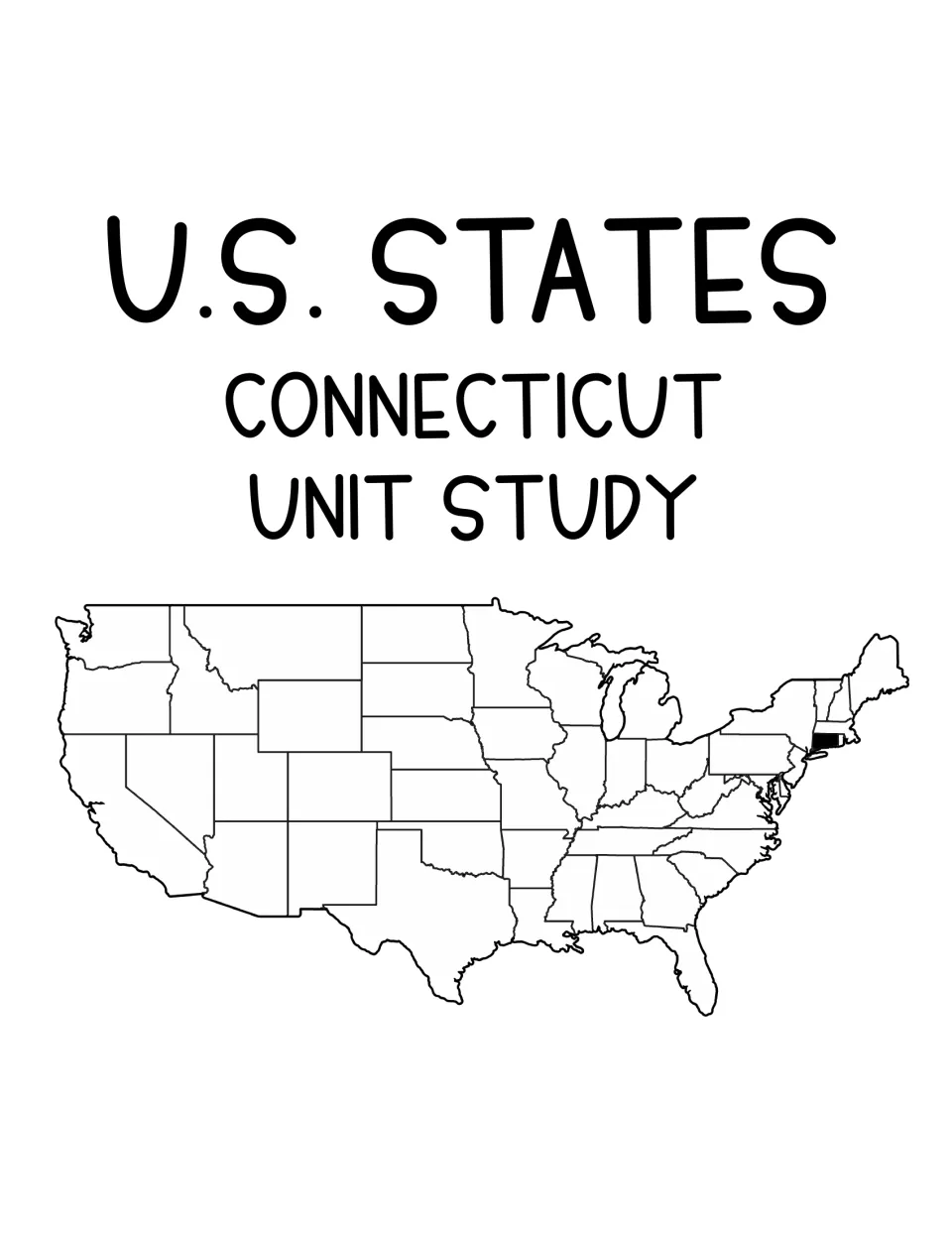 Cover of a U.S. States Connecticut unit study, showing a blank U.S. map with Connecticut shaded in black