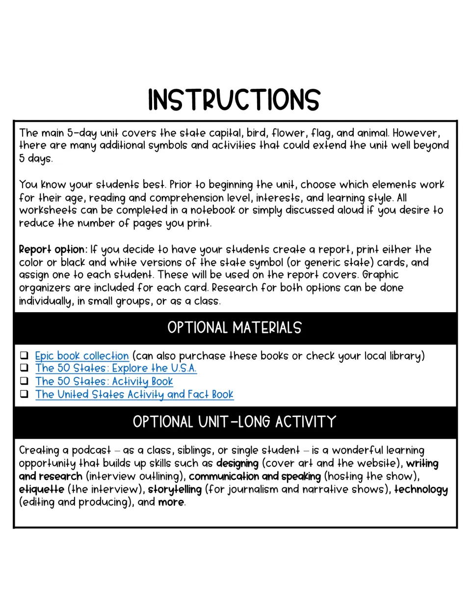 Unit instructions: choosing elements for students, a report option with symbol cards, optional books and a podcast project