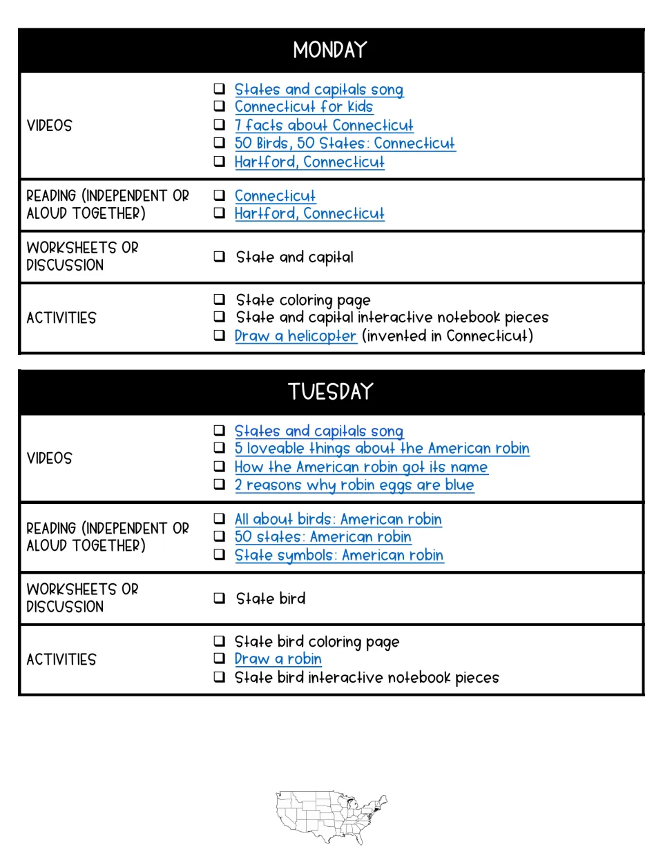 Monday and Tuesday plans: videos, readings, worksheets and activities on Connecticut, Hartford and the American robin