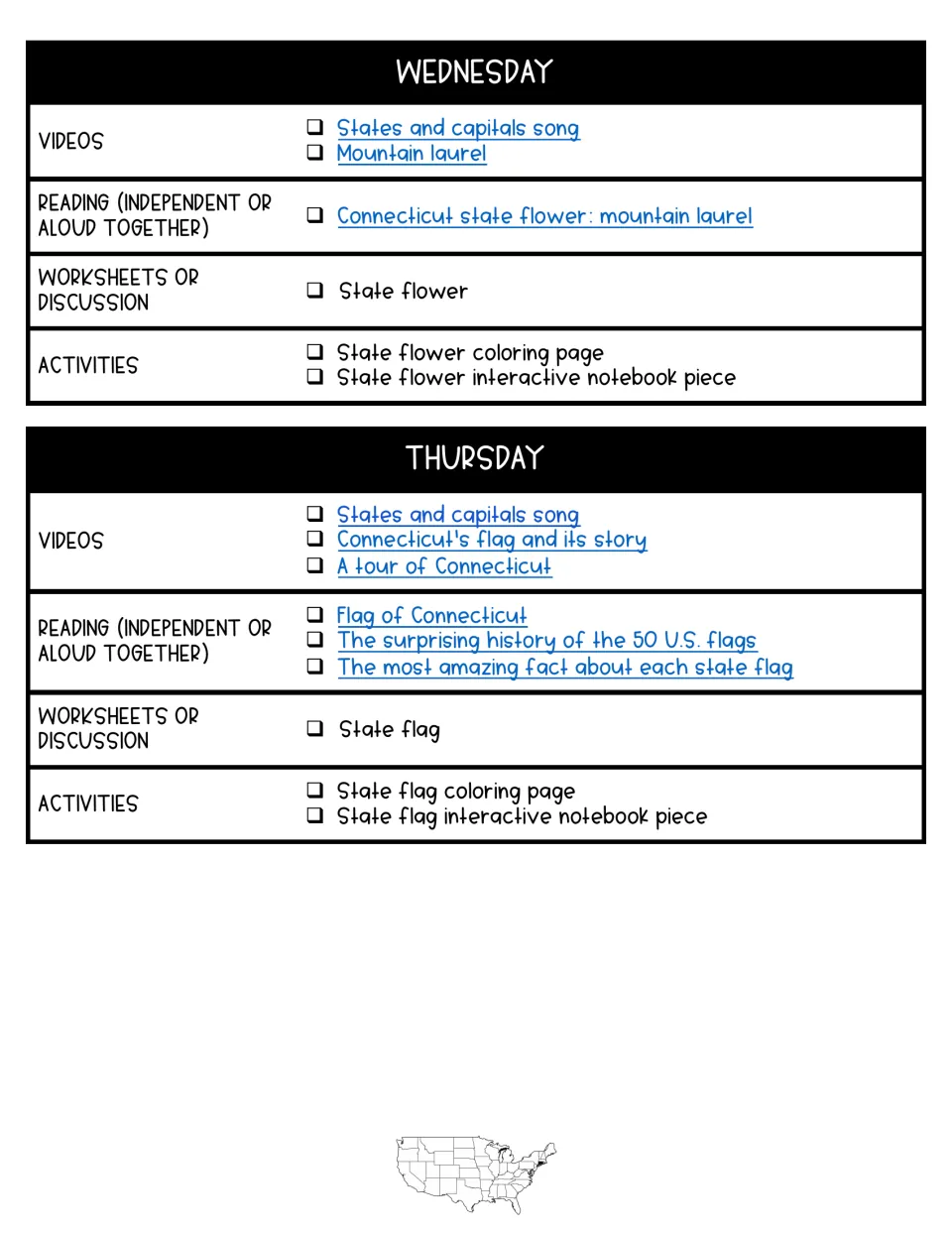 Wednesday and Thursday plans: videos, readings, worksheets and coloring on the mountain laurel and the Connecticut flag