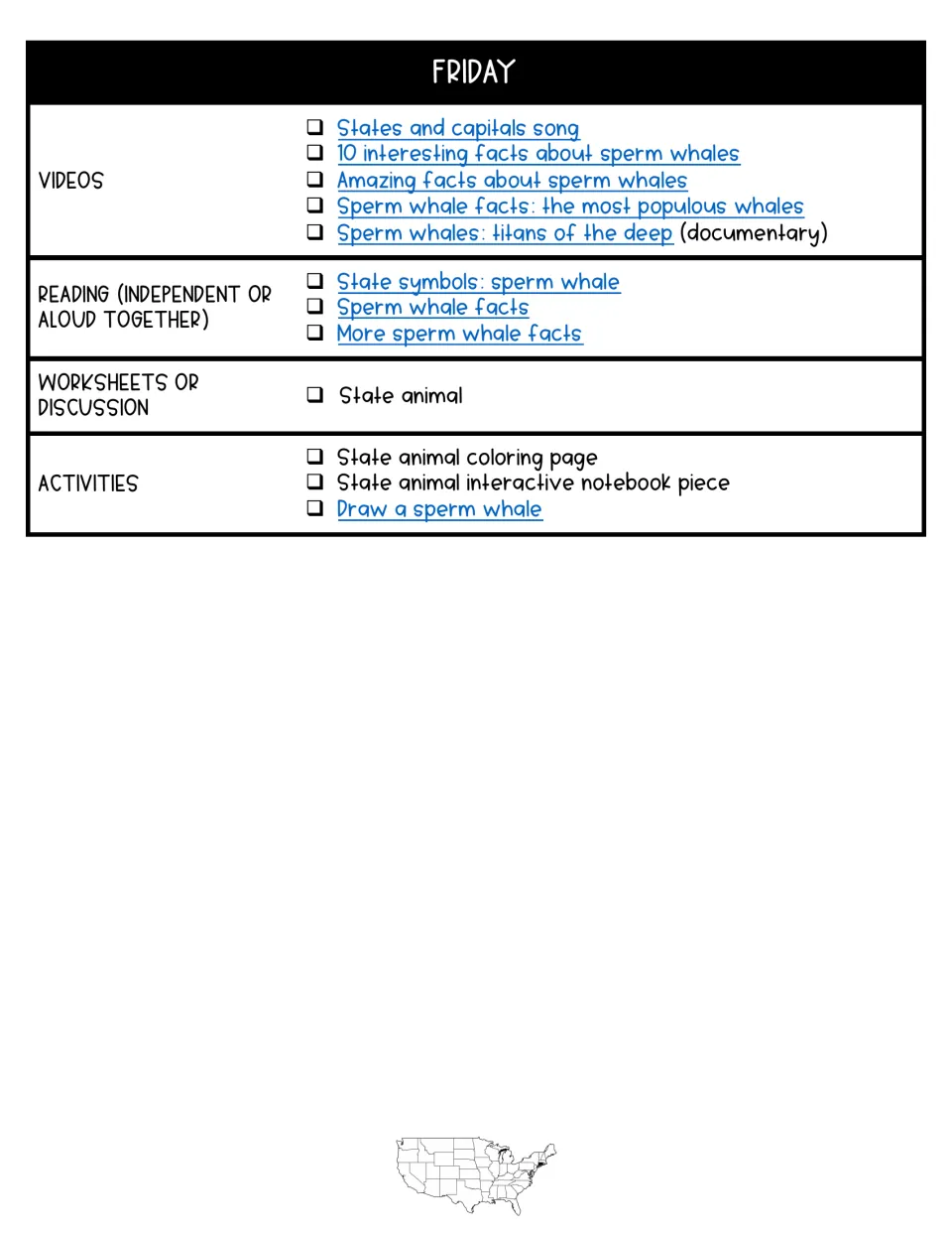 Friday plan on the sperm whale, the state animal: videos, fact readings, a worksheet, coloring and a draw-a-whale link