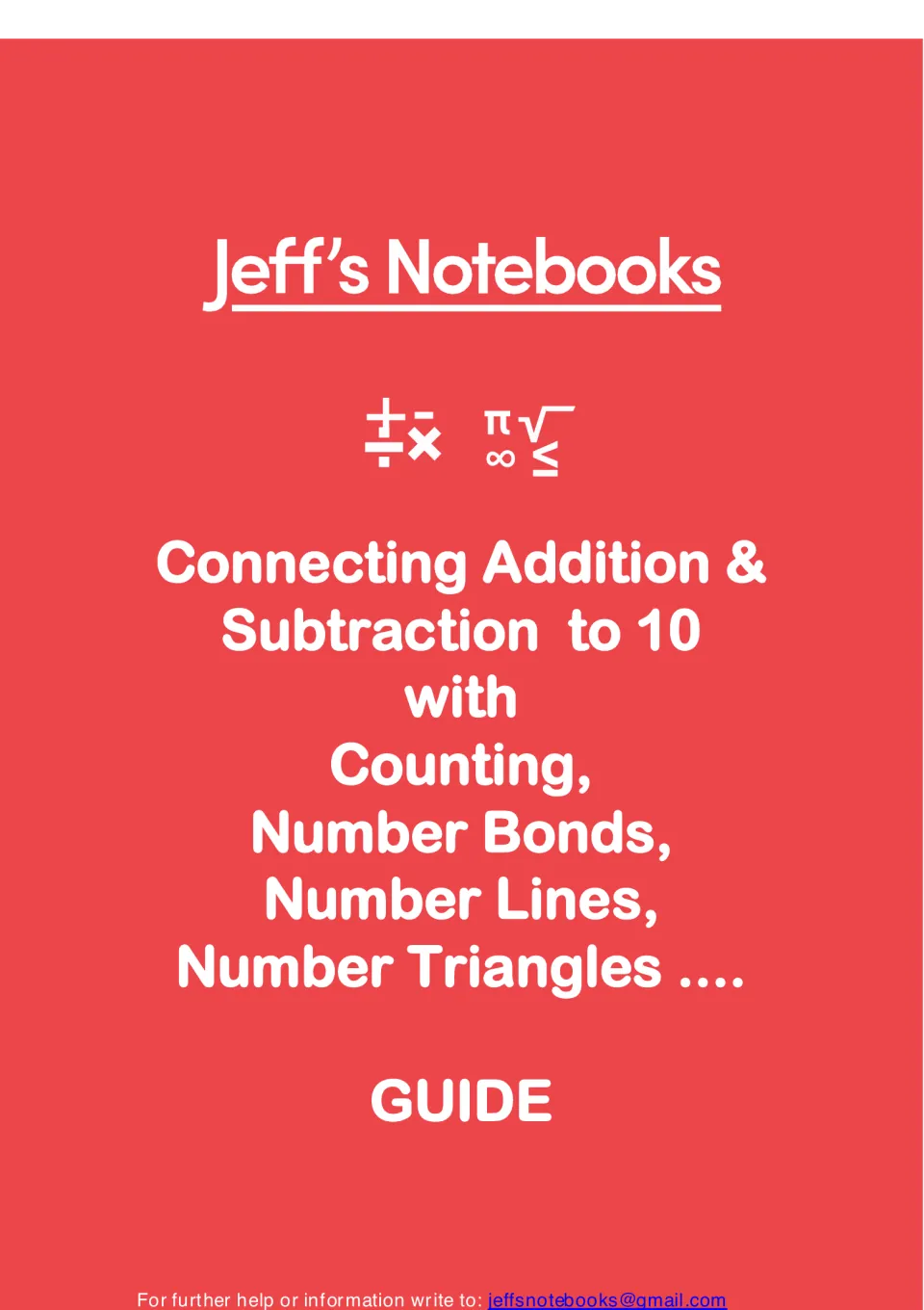 Jeff's Notebooks guide cover: linking adding and subtracting to 10 with counting, number bonds, number lines and triangles