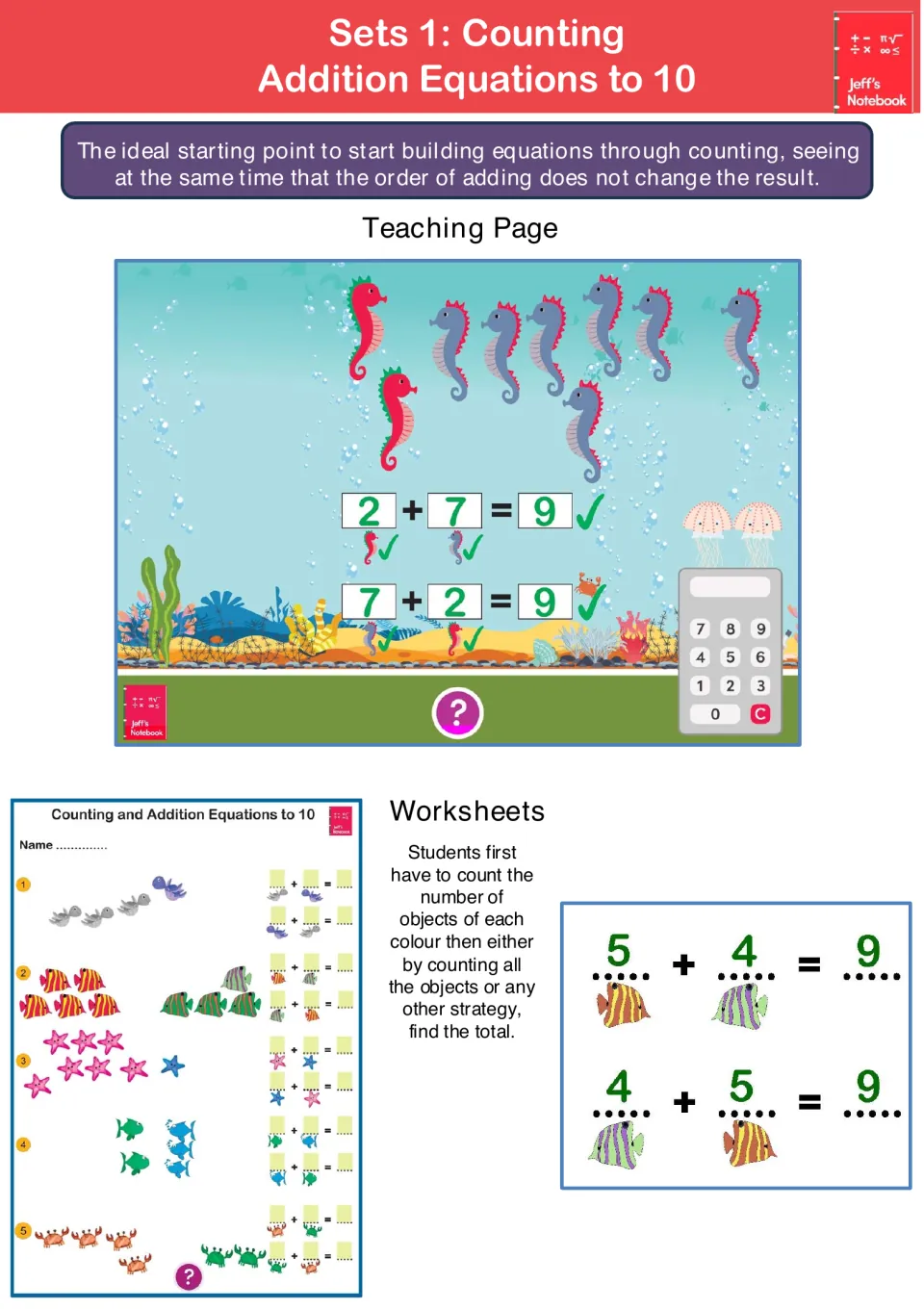 Set 1, counting addition equations to 10: students count seahorses and fish of each colour to write 2 + 7 and 7 + 2 = 9