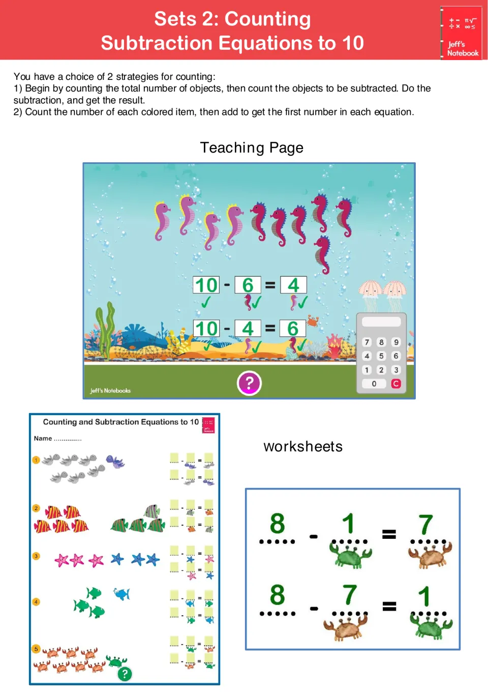 Set 2, counting subtraction equations to 10: students count sea creatures to solve pairs like 10 - 6 = 4 and 10 - 4 = 6